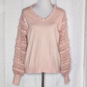 Siani Peachy Pink Ruffles Sheer Lace Fringe V-Neckline Puff Sleeves Knit Sweater